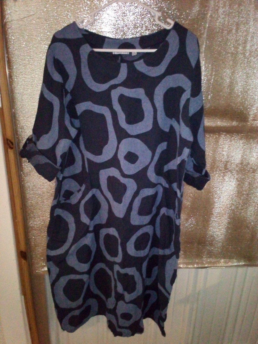 Vasna Women's Midi Dress in Dark Blue Camouflage Print 100% Linen Made In Italy